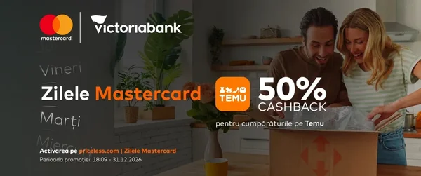 Cumpără pe Temu și primește 50% cashback cu Mastercard de la Victoriabank