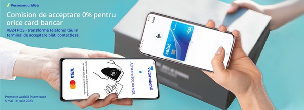 VB24 POS - transformă telefonul tău în terminal de plată contactless. Comision de acceptare 0% pentru orce card bancar.