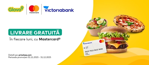 Luni cu livrare gratuită în Glovo, pentru clienții Victoriabank care plătesc cu un card Mastercard!